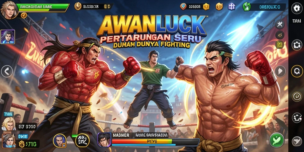 Screenshot gameplay <strong>AWANLUCK</strong> menampilkan pertarungan mendebarkan di arena.