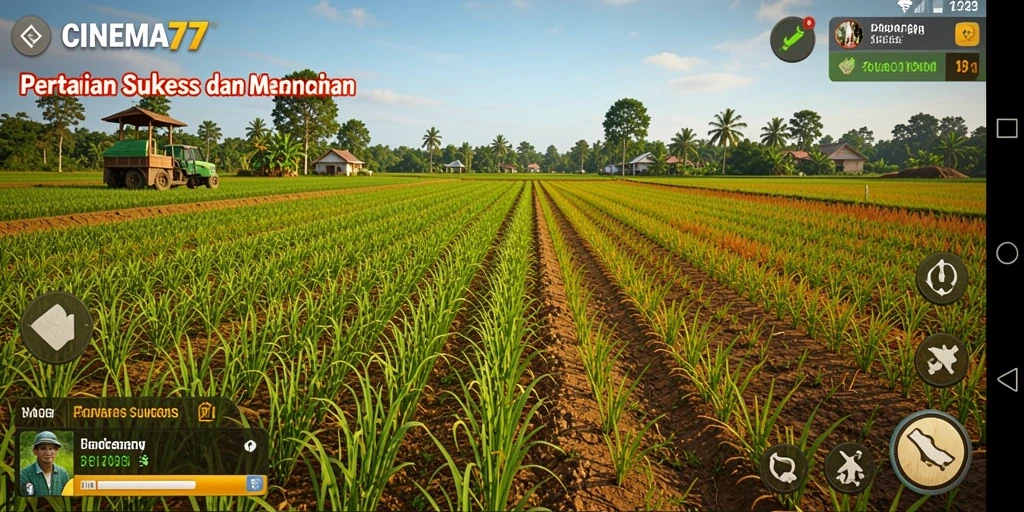 Screenshot gameplay CINEMA77 menampilkan dunia pertanian yang indah dan penuh warna.