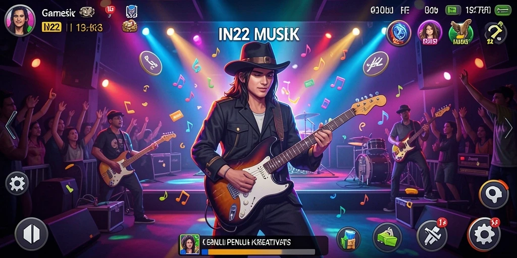 Screenshot gameplay IN22 dengan aksi cepat dan tantangan musik yang seru.