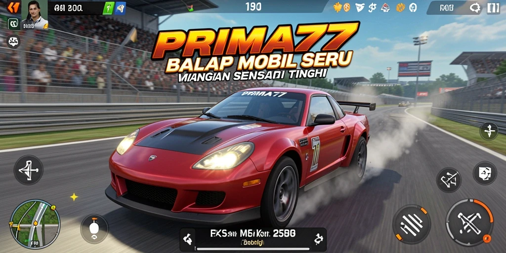 Tangkapan layar gameplay PRIMA77 yang menunjukkan aksi balapan yang mendebarkan.