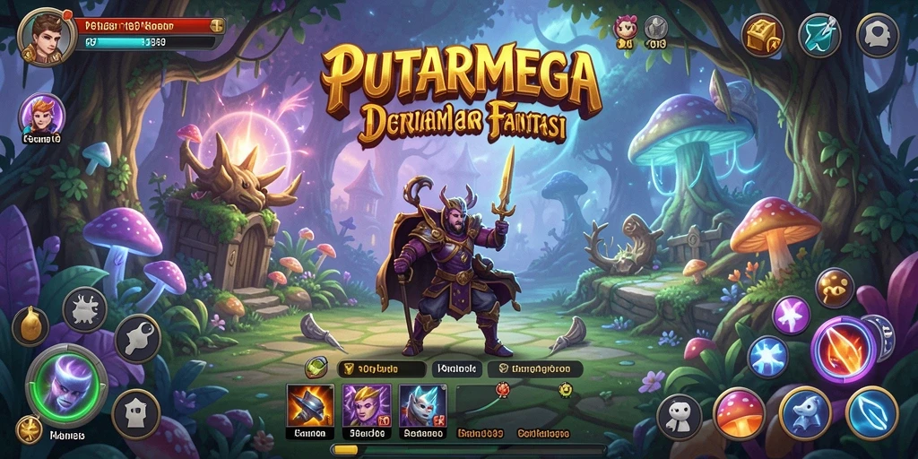 Tangkapan layar PUTARMEGA menampilkan pertarungan epik di dalam dunia fantasi.