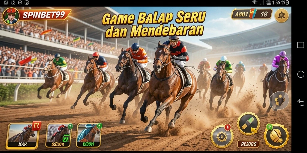 Gameplay SPINBET99 yang menampilkan balapan mendebarkan di lintasan.